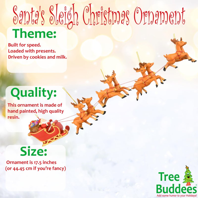 Tree Buddees Large 5 Piece Hand Painted Full Santa's Sleigh and 8 Reindeer Christmas Ornaments Set - 17.5 Inches Long - Image 1